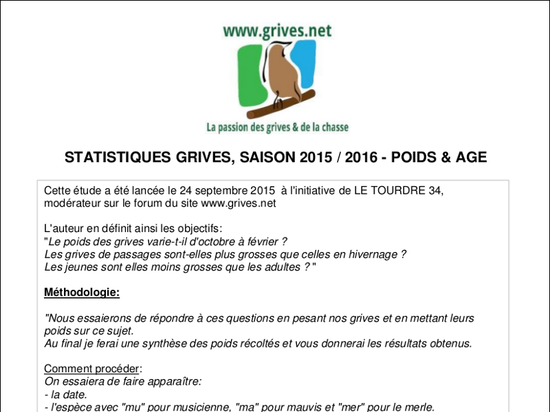 Poids des grives - évolution saison 2015/2016 Poids des grives - évolution saison 2015/2016