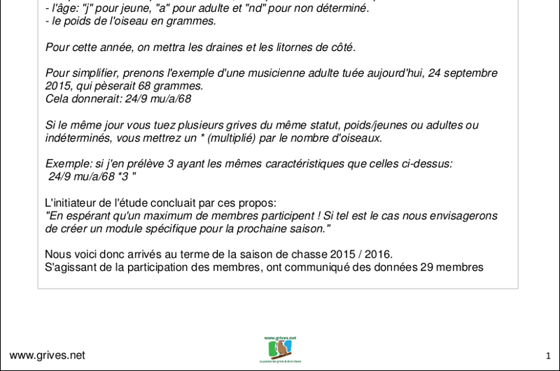 Poids des grives - évolution saison 2015/2016 Poids des grives - évolution saison 2015/2016