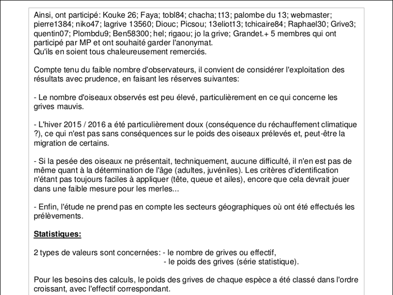 Poids des grives - évolution saison 2015/2016 Poids des grives - évolution saison 2015/2016