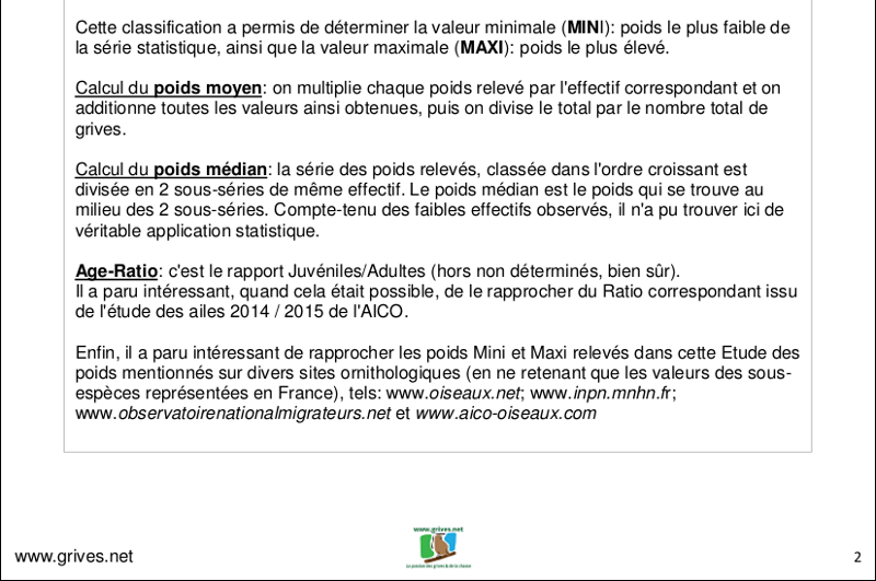 Poids des grives - évolution saison 2015/2016 Poids des grives - évolution saison 2015/2016