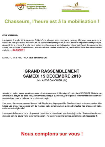 Rassemblement des chasseurs le 15/12 à Forcalquier Rassemblement des chasseurs le 15/12 à Forcalquier